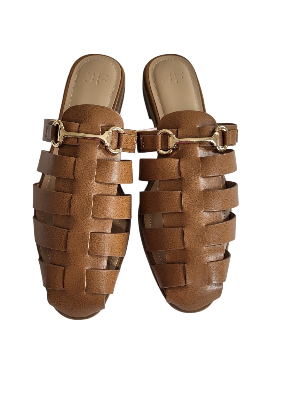 Justfab Tan Women's Woven Slide Mules with Gold Buckle